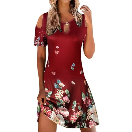 

LBECLEY Womens Dress Summery Dresses Womens Casual Printed Short Sleeve Dress Cutout Round Neck Loose Dress Silk Pajamas Dress for Women Red S