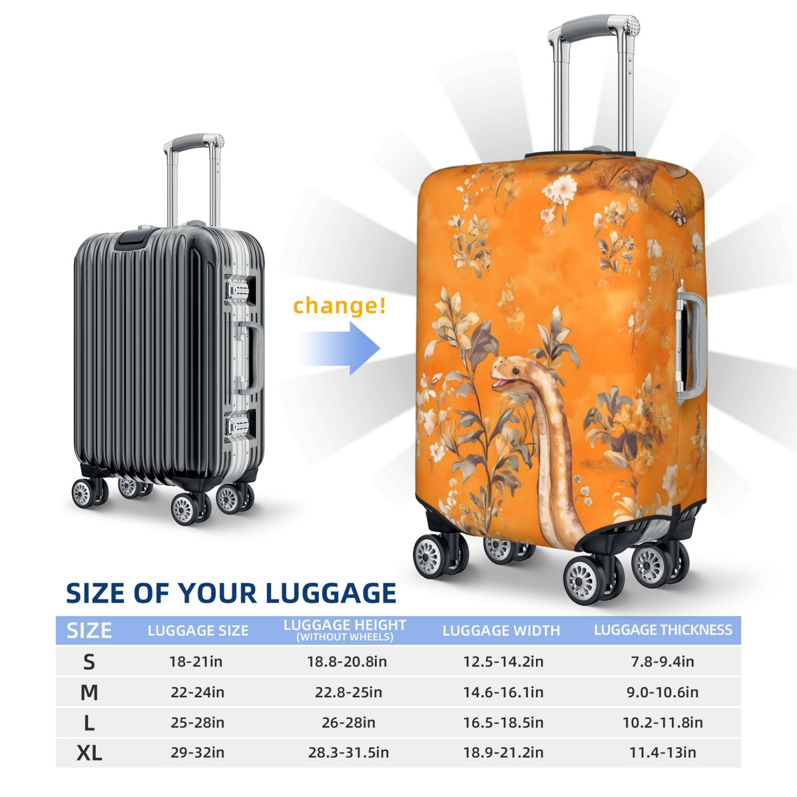 Washable Stretch Polyester Luggage Cover Fits 18-32 Inch Suitcases Ideal For Business And Travel Dinosaur On A Yellow Background