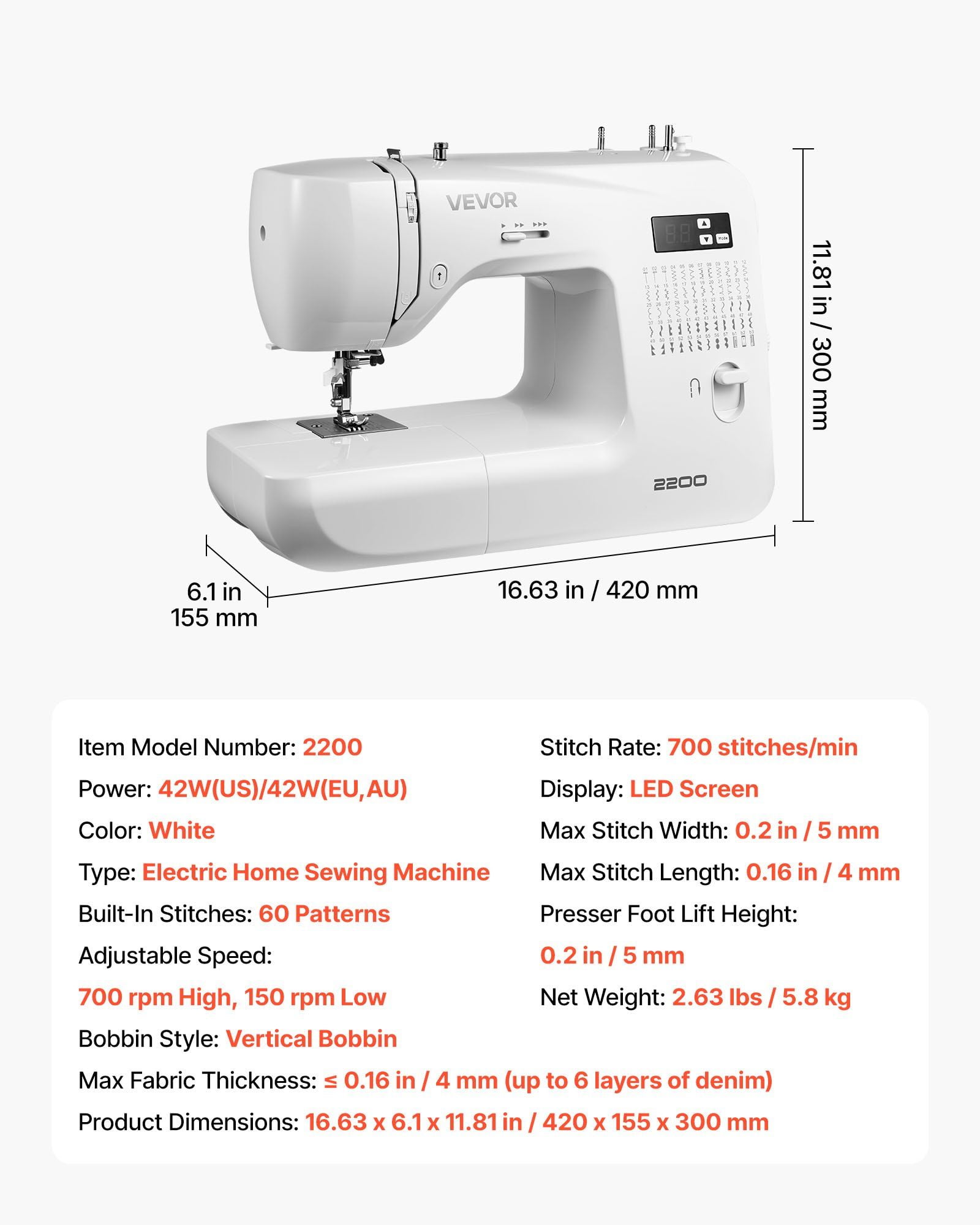 Computerized Sewing Machine Digital Sewing Machine with 60 Built-in Stitches, LED Display, Heavy-Duty Metal Frame, Automatic Needle Threader, Adjustable Stitch Length and Width, Free Arm, Foot Pedal