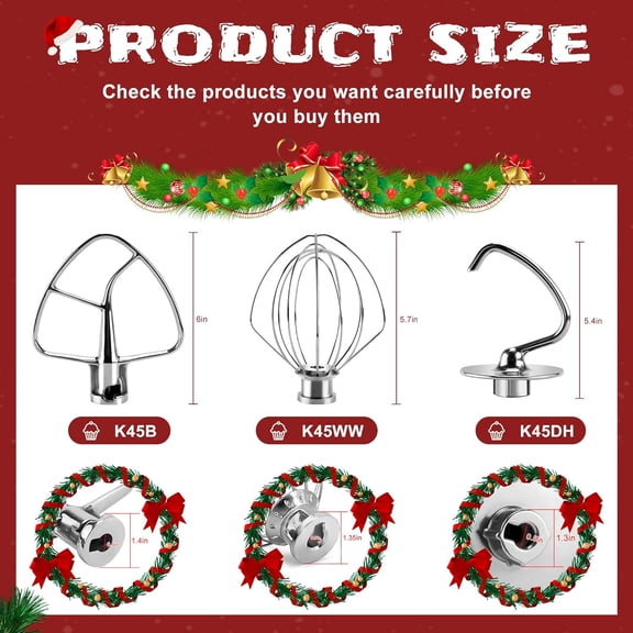Stainless Steel Kitchen Mixer Attachments Kit for 4.5-5QT Tilt- Stand Mixer - K45DH Dough Hook, K45B Flat Beater, K45WW Wire Whip