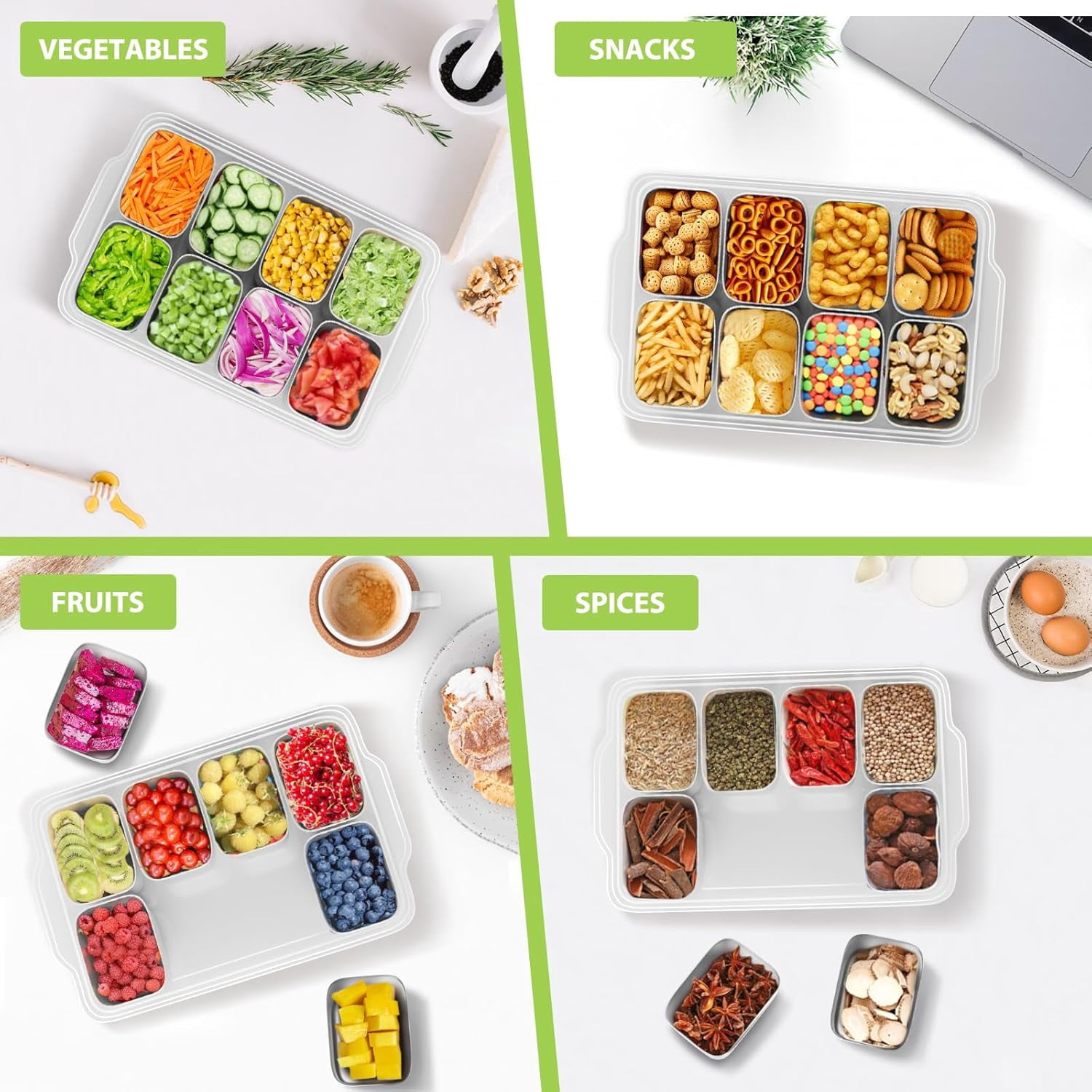 Snackle Box Container 2Pcs, Cuopluber Stainless Steel Divided Serving Tray with Lid and Handle, 8 Compartment Portable Snack Platters, Clear Storage Organizer for Fruit Candy Nuts Veggie