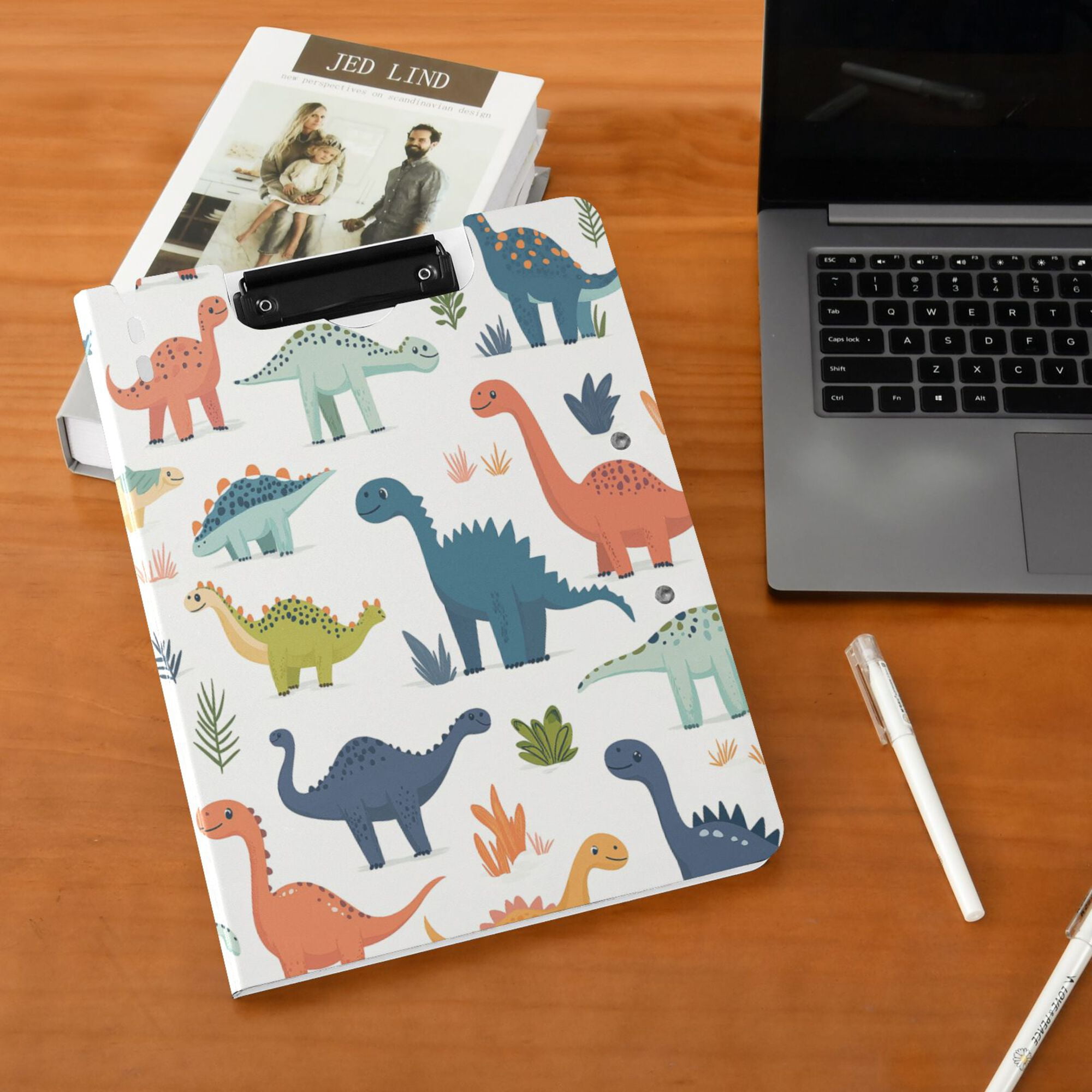 FORMRS A4 Clipboard Folder with Pen Holder Horizontal Foldable School Office Binder, Dinosaur Pattern