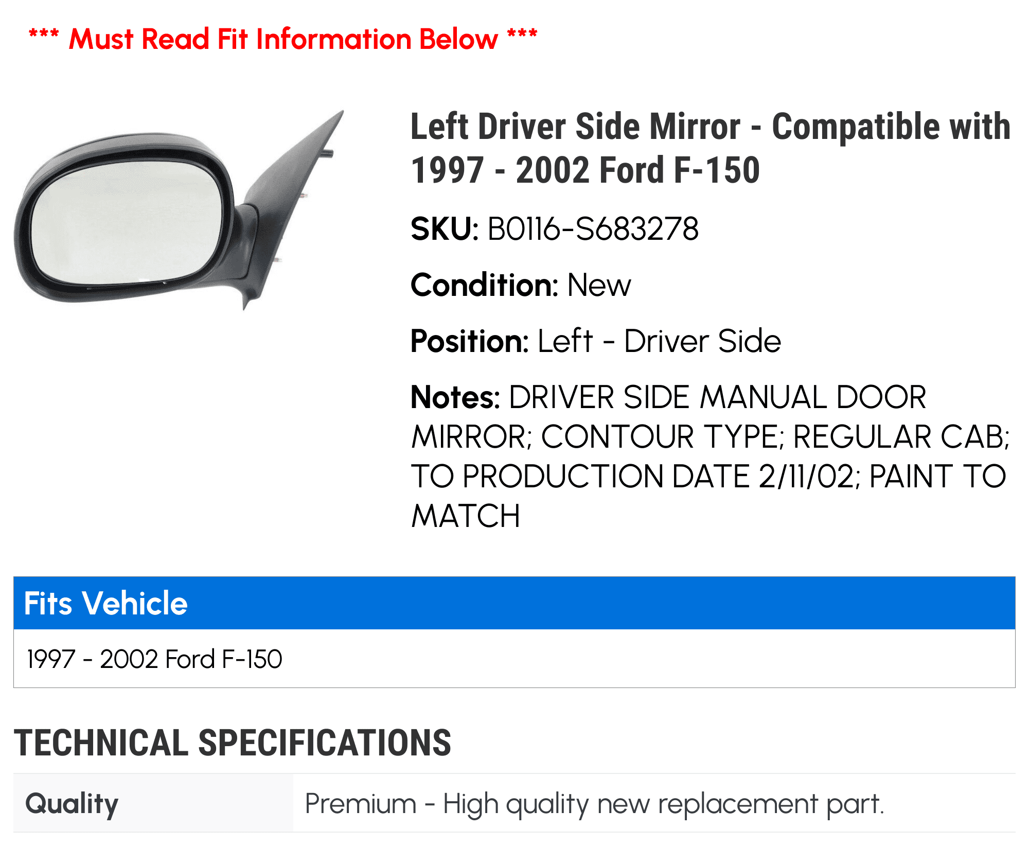 Left Driver Side Mirror - Compatible with 1997 - 2002 Ford F-150 1998 1999 2000 2001