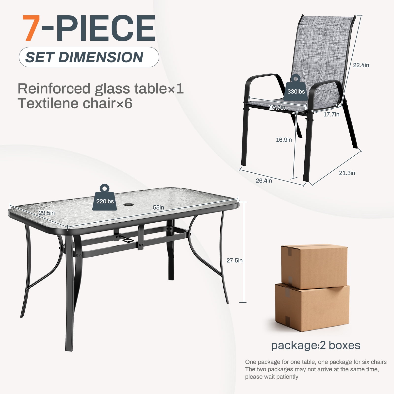 Pirecart Patio Dining Set of 7, Textilene Patio Furniture Set Suitable for All Weather with Umbrella Hole, for Backyard Poolside, Gray
