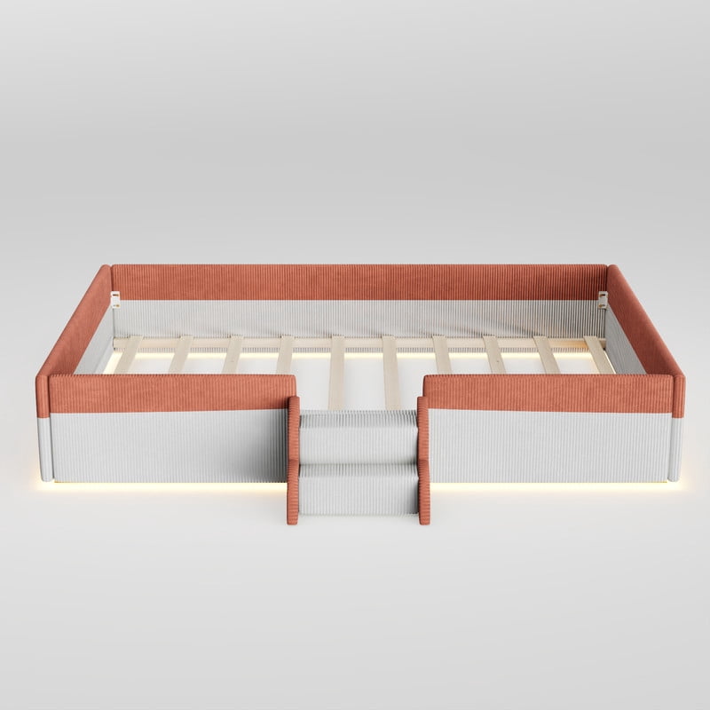Full Size Upholstered Floor Bed with Fence, 2-Tier Steps and Smart LED Lights, Corduroy Platform Bed with Safety Guardrails, Kids Montessori Bed for Boys Girls