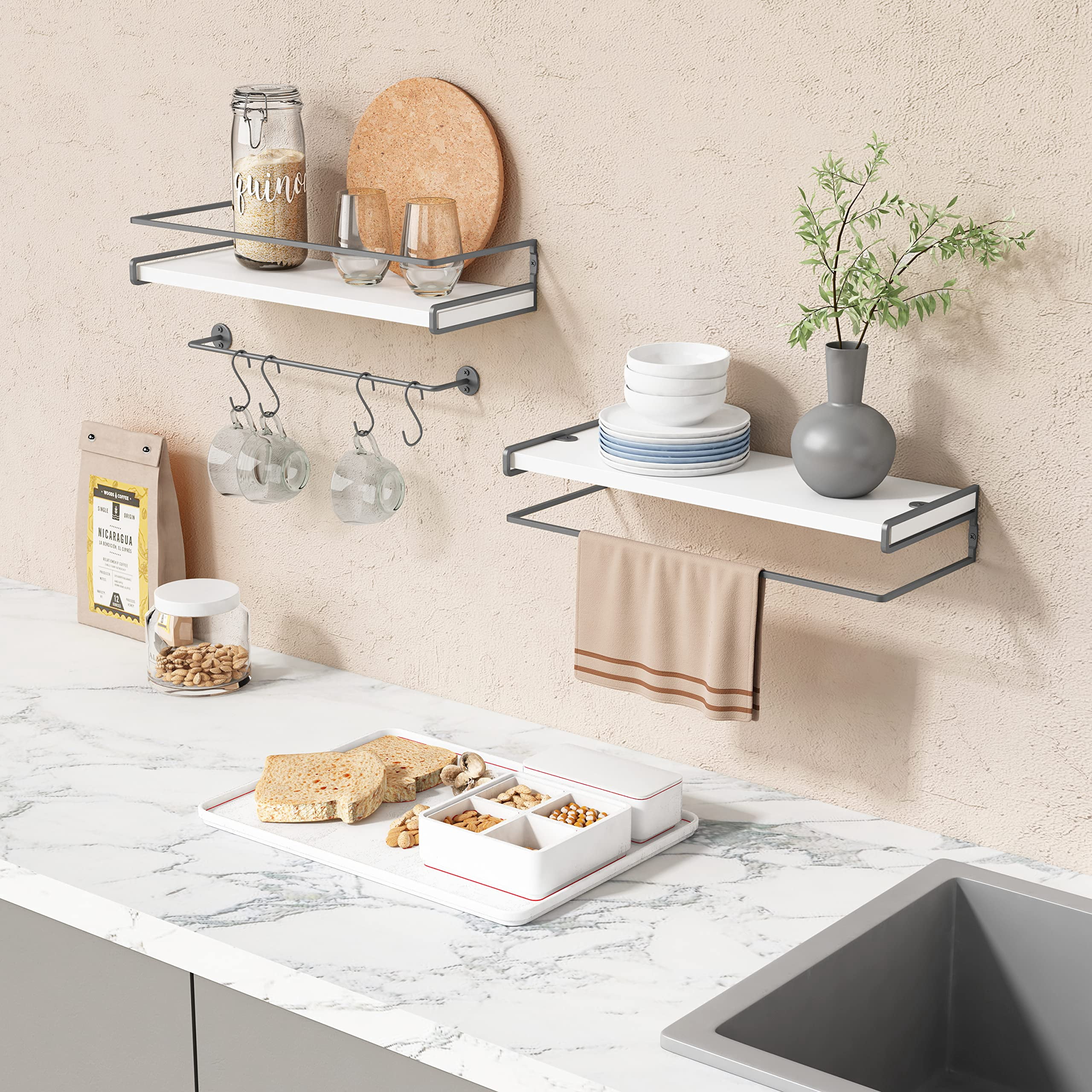 White Floating Shelves for Bathroom Organizer Over Toilet, Bathroom Shelves Wall Mounted with Towel Rack, Corner Wall Shelf for  Decor Kitchen Storage (White-Dark Grey, Set of 2)