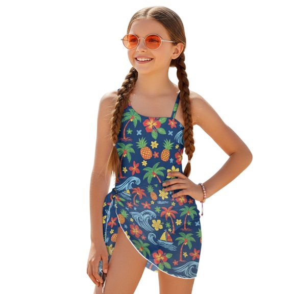 Tutolipy Tropical Palm Pineapple Pattern Girls One Piece Swimsuits Swimwear with Cover Up Skirt, Removable Bra Adjustable Strap Girls Swimsuit for Summer 17-18 Years Old