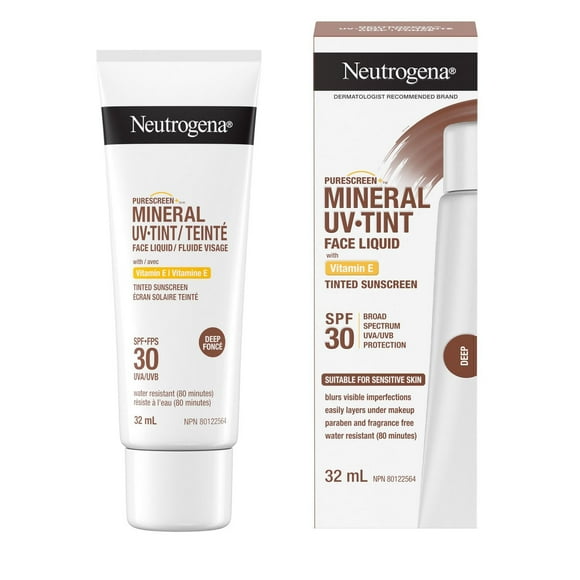 Neutrogena Purescreen+ Mineral UV Tint Face Liquid Sunscreen, Deep Skin Tone, SPF 30, Vitamin E, UV Protection