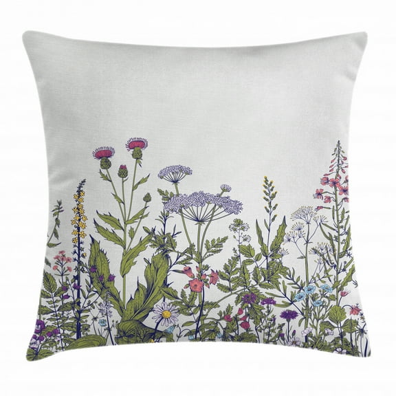 Spring Throw Pillow Cushion Cover, Colorful Thriving Garden with Herbs and Flowers Pattern Seasonal Rural Field Meadow, Decorative Square Accent Pillow Case, 24 X 24 Inches, Multicolor, by Ambesonne
