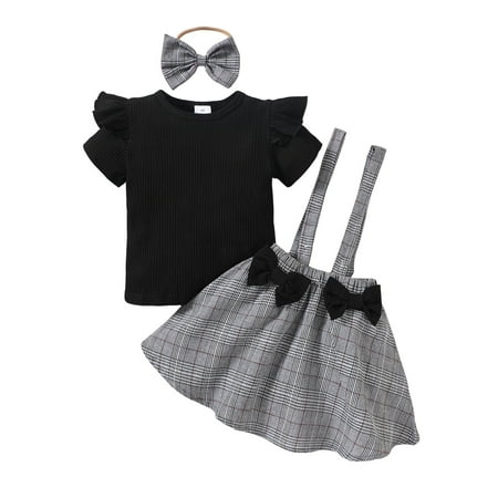 

ZRBYWB Kids Toddler Baby Girls Clothes Spring Summer Print Cotton Short Sleeve Tops Plaid Suspender Dress Headbands Outfits Clothes Summer Clothes