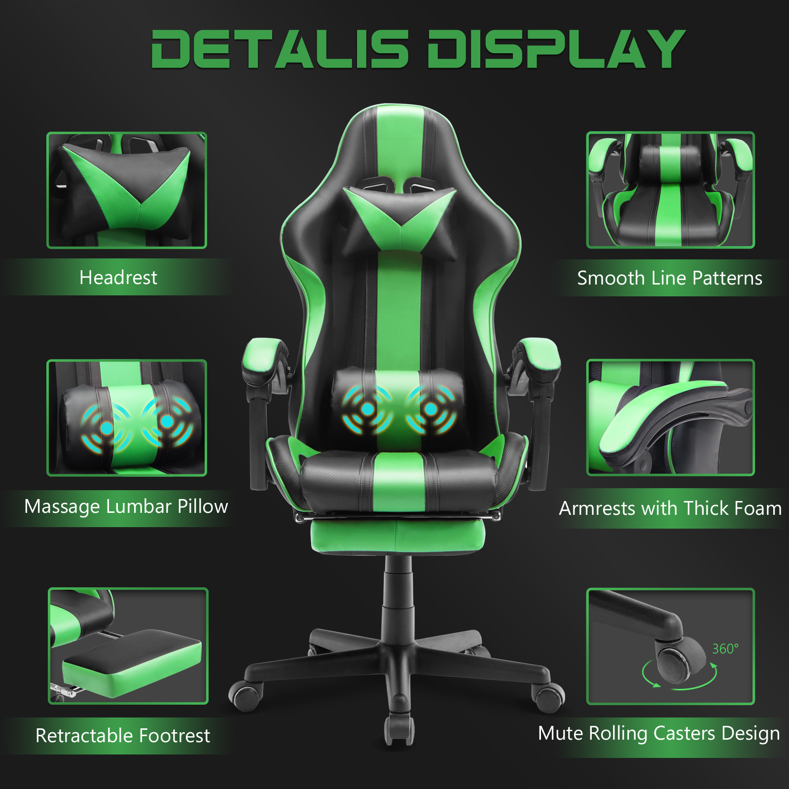 SOONTRANS Green Gaming Chair with Massage Lumbar Pillow photo 5
