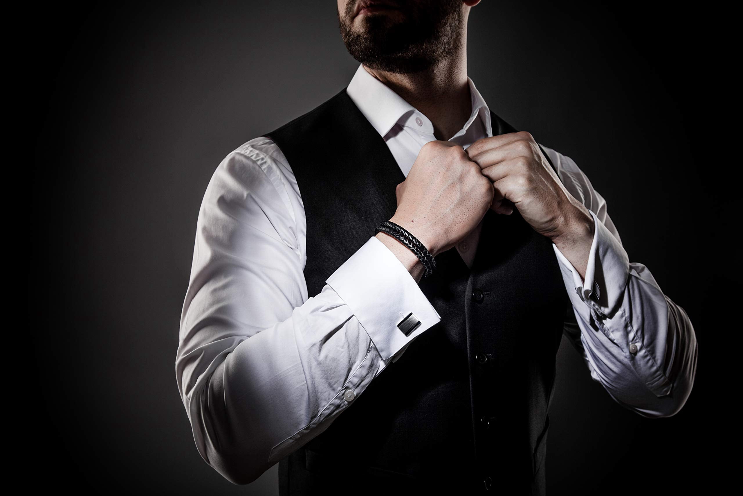 SERASAR Leather Bracelet for Men "Double" with stainless steel magnetic closure, Black 17cm, including gift box