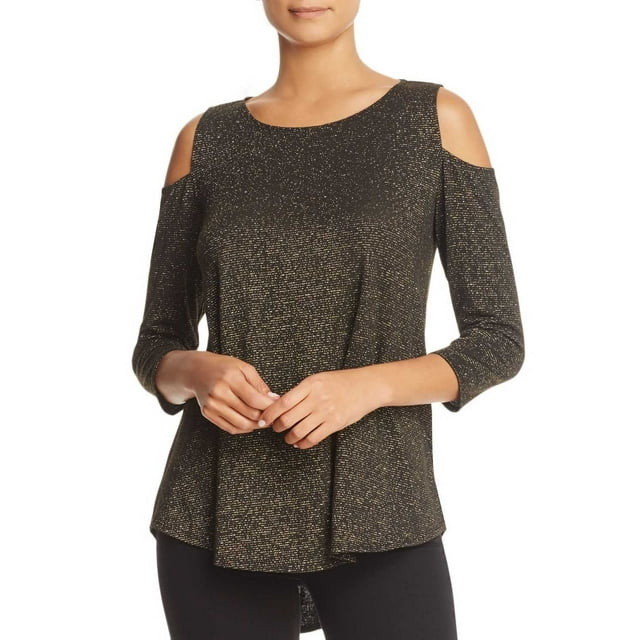 Status by Chenault Women’s Metallic Cold Shoulder Blouse Pullover Shirt Tops, Charcoal, Small