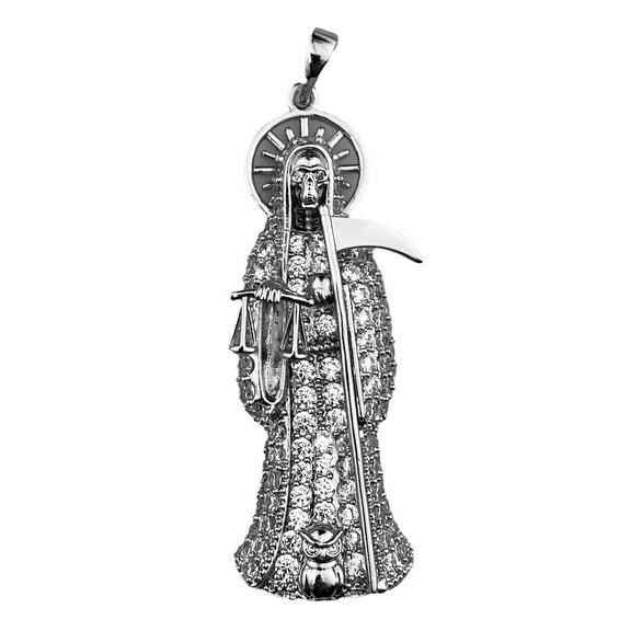 Nuestra Señora De La Santa Muerte Pendant Holy Death Iced Micro Pave Bling Silver Tone Charm 2" inch