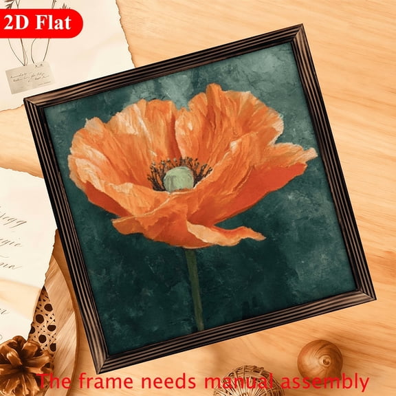 2D Flat Prints 1pc Wood Frame Wooden Wall Sign Poppy Flower, Orange Petals with a Deep Green Background, Realistic Floral Style Wall Art 12x12in Prints Print Painting For Living Room Bedroom Off