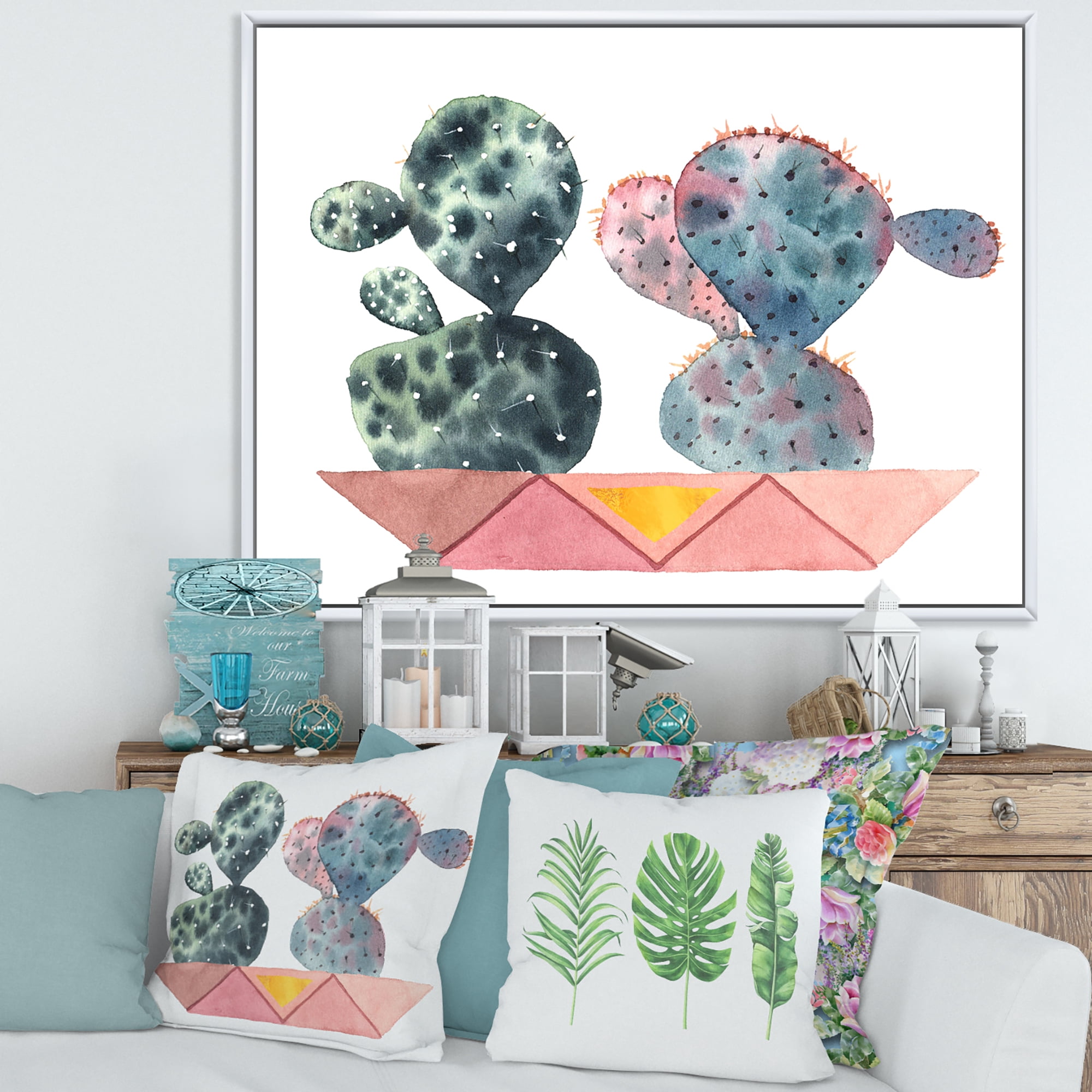 Designart 'Cactus Duo In Pink Pots Geometric' Modern Framed Canvas Wall Art Print