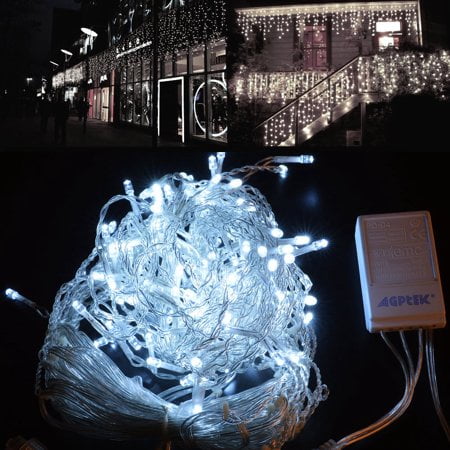 - Image 32 ft. LED Curtain Icicle Cool White Christmas Lights, 8 Lighting Modes