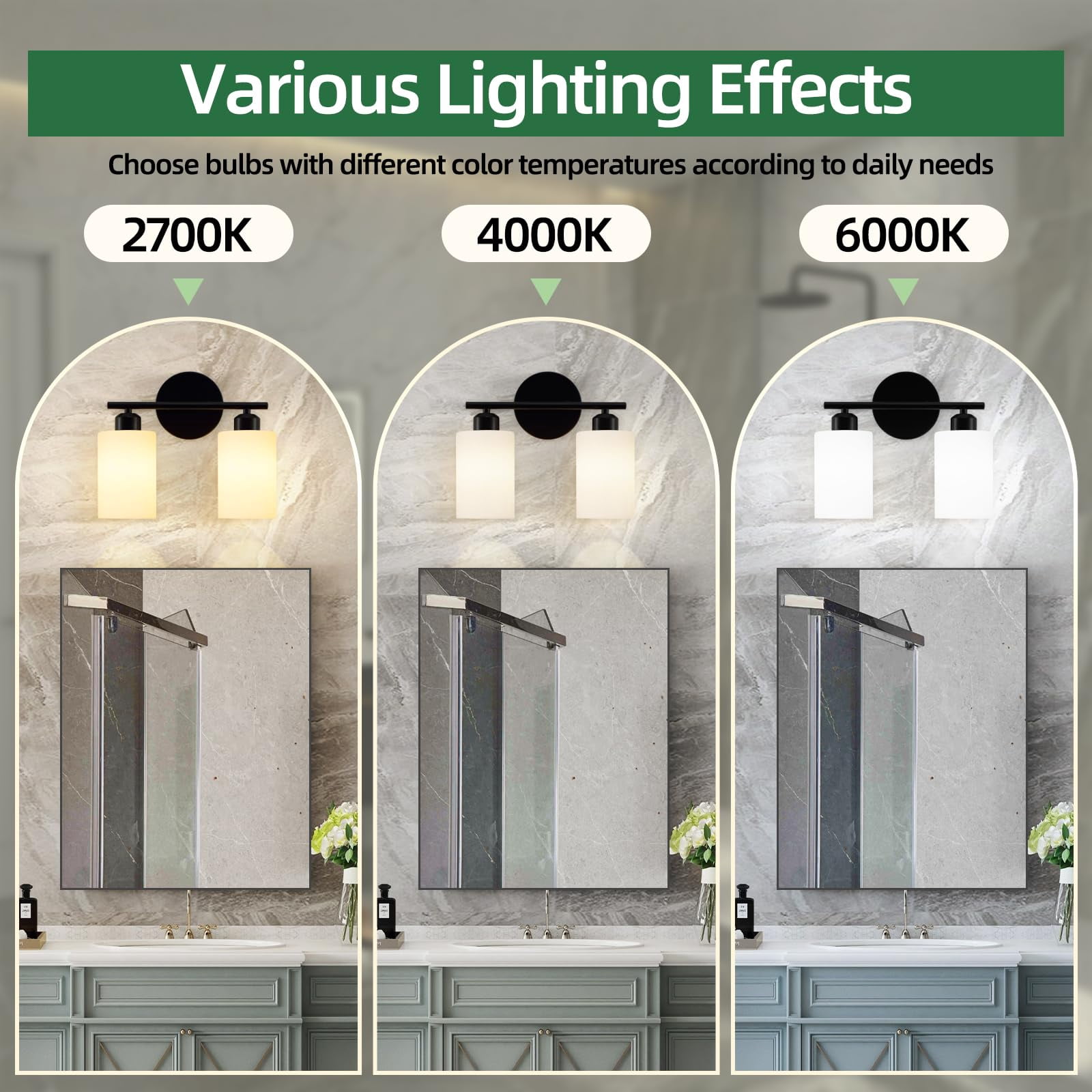2-light Bathroom Light Fixtures  Black Modern Vanity Lights With Milky White Frosted Glass Shades Wall Sconce For Bedroom Living Room And Hallway 2-pack