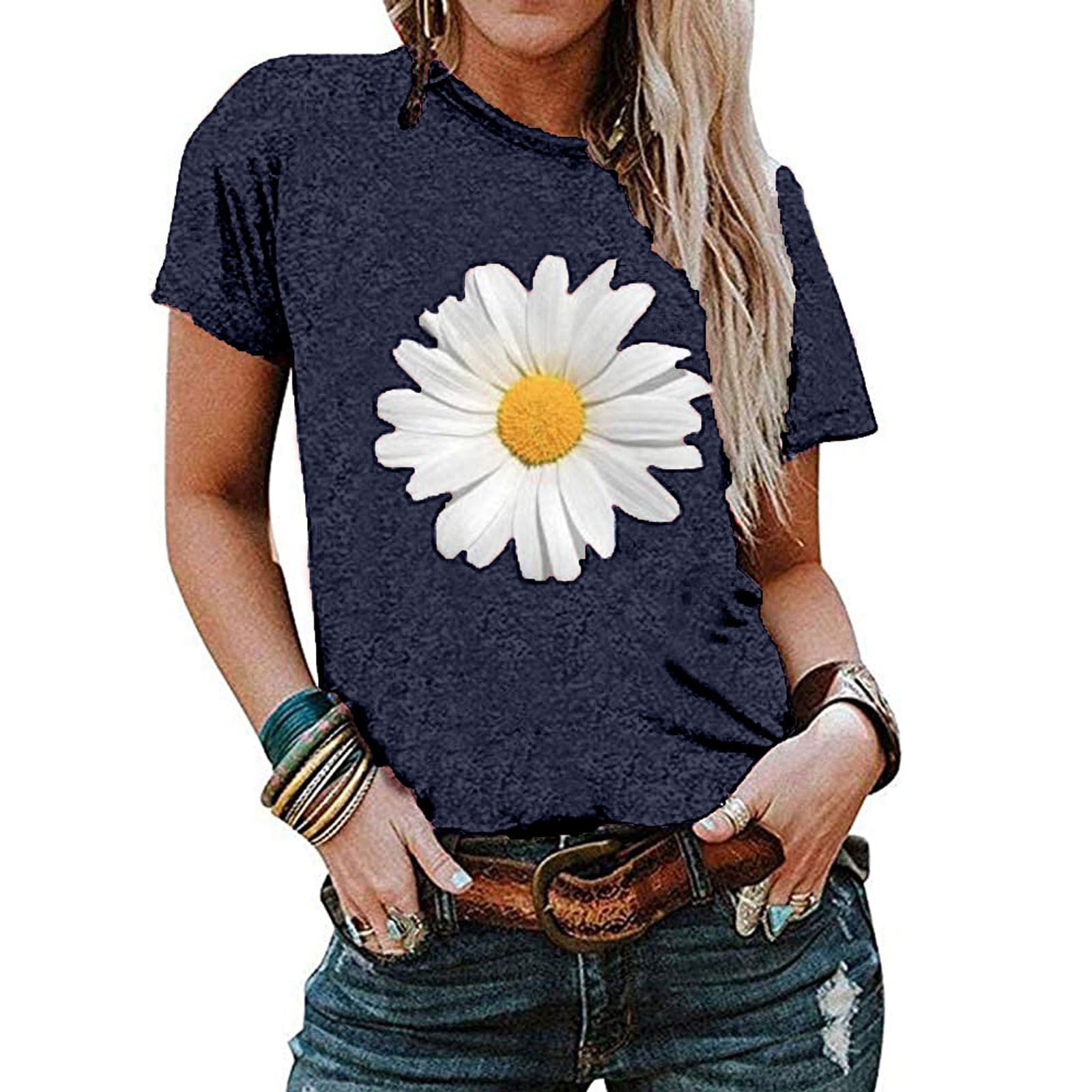 Frieed Womens Short Sleeve Summer Sunflower-Printed Crewneck Regular Fit Blouse T-Shirt Top 