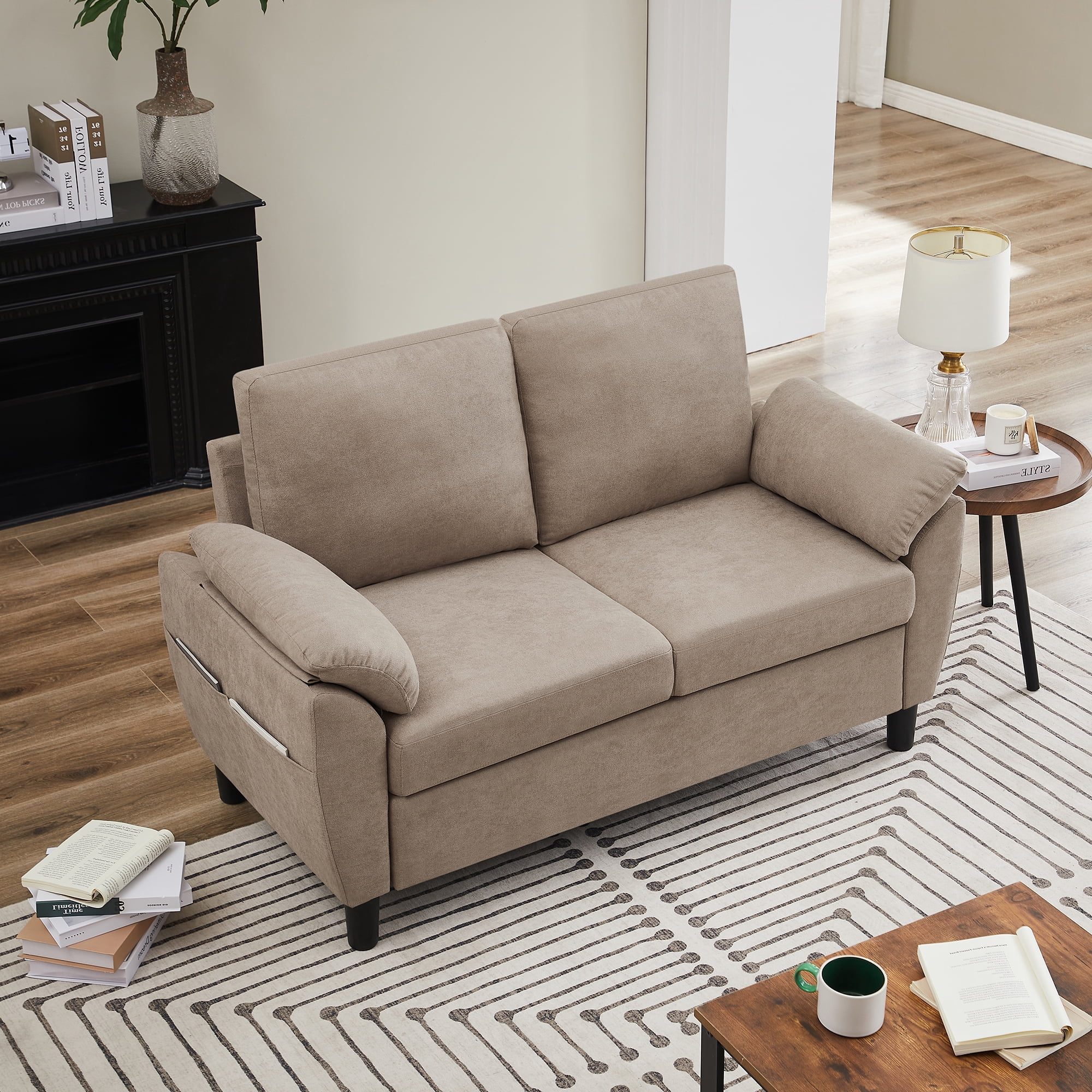 Soscana Loveseat with Storage Side Pockets, 2 Seat Sofa Love Seat Small Couch for Living Room Bedroom Apartment Office Studio,Beige