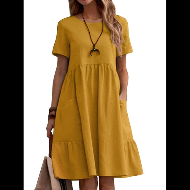 Vestido Camisero de y Algodón de Verano para Mujer, Informal, Holgado, con Cuello Redondo, Corta, Midi y Bolsillos Amarillo S