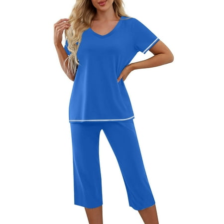 

RQYYD Womens Pajama Sets Women s Pajama Sets Short Sleeve Pjs Soft Lounge sets Capri Sleepwear with Pockets Cozy Womens Pajamas Sets for Women