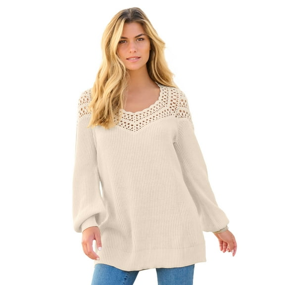 Roaman's Women's Plus Size Crochet Pullover Sweater With Sweetheart Neckline