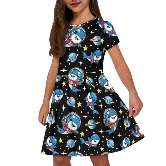 Uourmeti Shark Dresses for Toddler Girls Cute Short Sleeve Swing Dress Summer Soft O Neck Knee Length A-Line Dresses with Pockets
