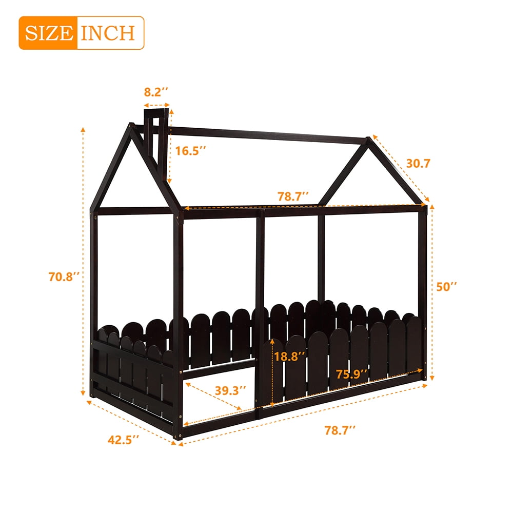 Kepooman Twin Size Wood Bed House Bed Frame with Fence for Kids Teens, 78.7"L x 42.5"W x 70.8"H, Espresso Kepooman Twin Size Wood Bed House Bed Frame with Fence for Kids Teens, 78.7"L x 42.5"W x 70.8"H, Espresso