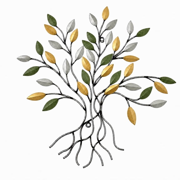 Comfy Hour 16 x 14 in Tree of Life Metal Wall Art, Green and Gold Leaf Decor