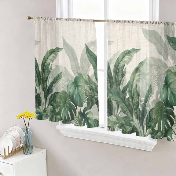 Palm Leaves Tropical Sheer Curtains 54 Inch Length 2 Panels Set Window Treatments, Green Botanical Summer Linen Rod Pocket Semi Curtains for Living Room/Bedroom/Kitchen Décor, 104"W x 54"L