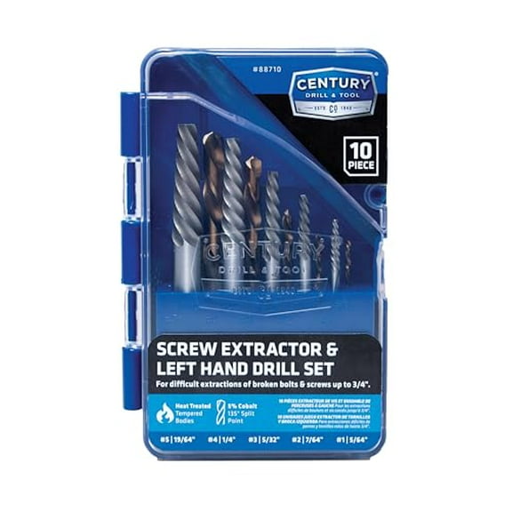 Century Drill & Tool 88710 Spiral Flute Screw Extractor and Left-Hand Drill Set, 10 Piece Drill Bit Set #1 - #5