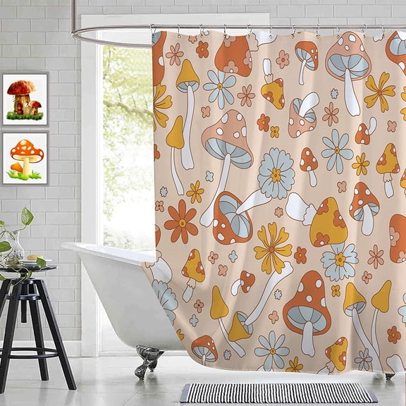 Cute Mushroom Shower Curtain,Retro Boho Floral Shower Curtains Set for Bathroom,70s Shrooms Funky Groovy Aesthetics Flowers Bath Curtain with 12 Hooks 72x72,Waterproof Fabric