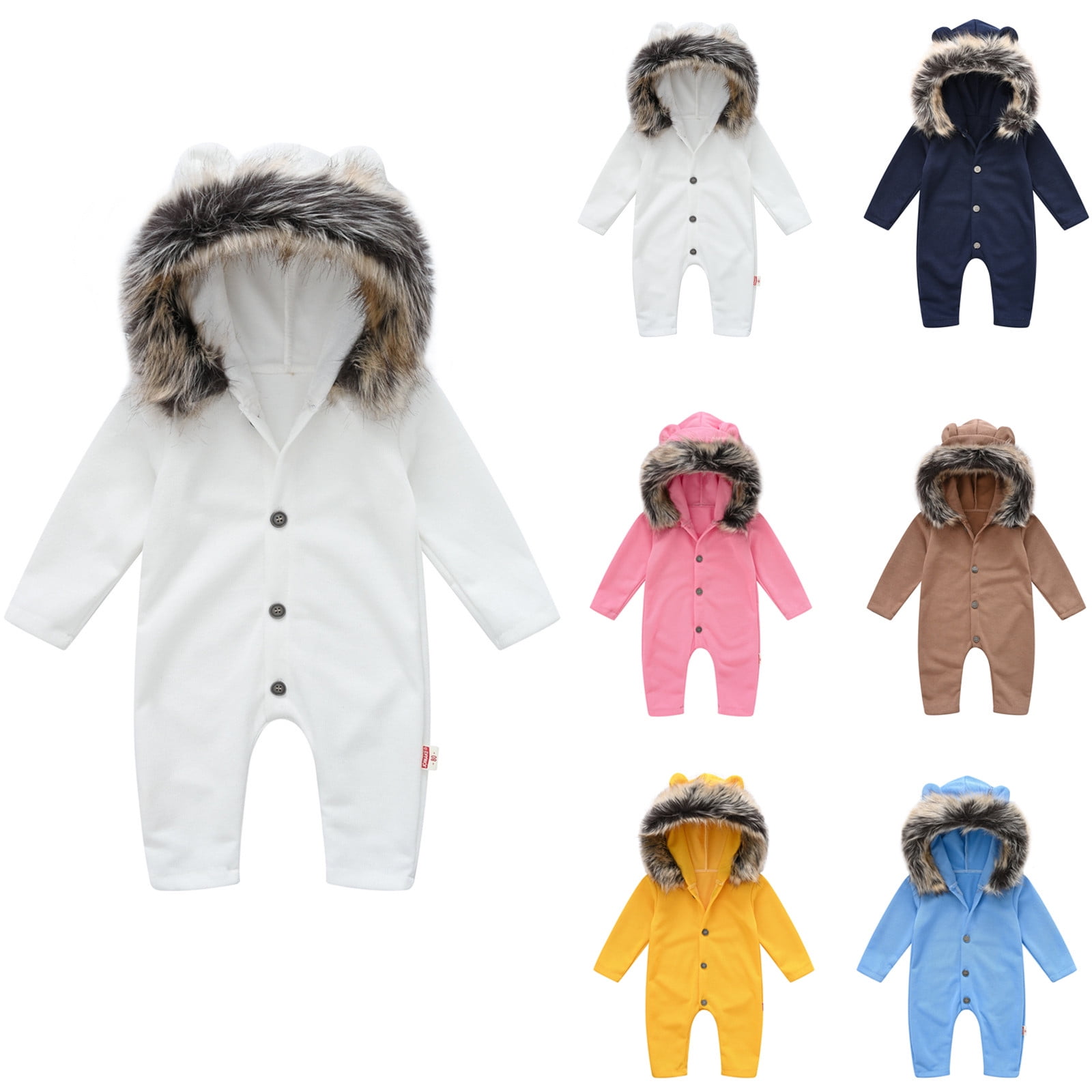 Pandaie Infant Baby Bear Ear Romper Faux Fur Hood Fleece Front Snap Jumpsuit for Baby Outdoor Home Wear Blue,0-6 Months