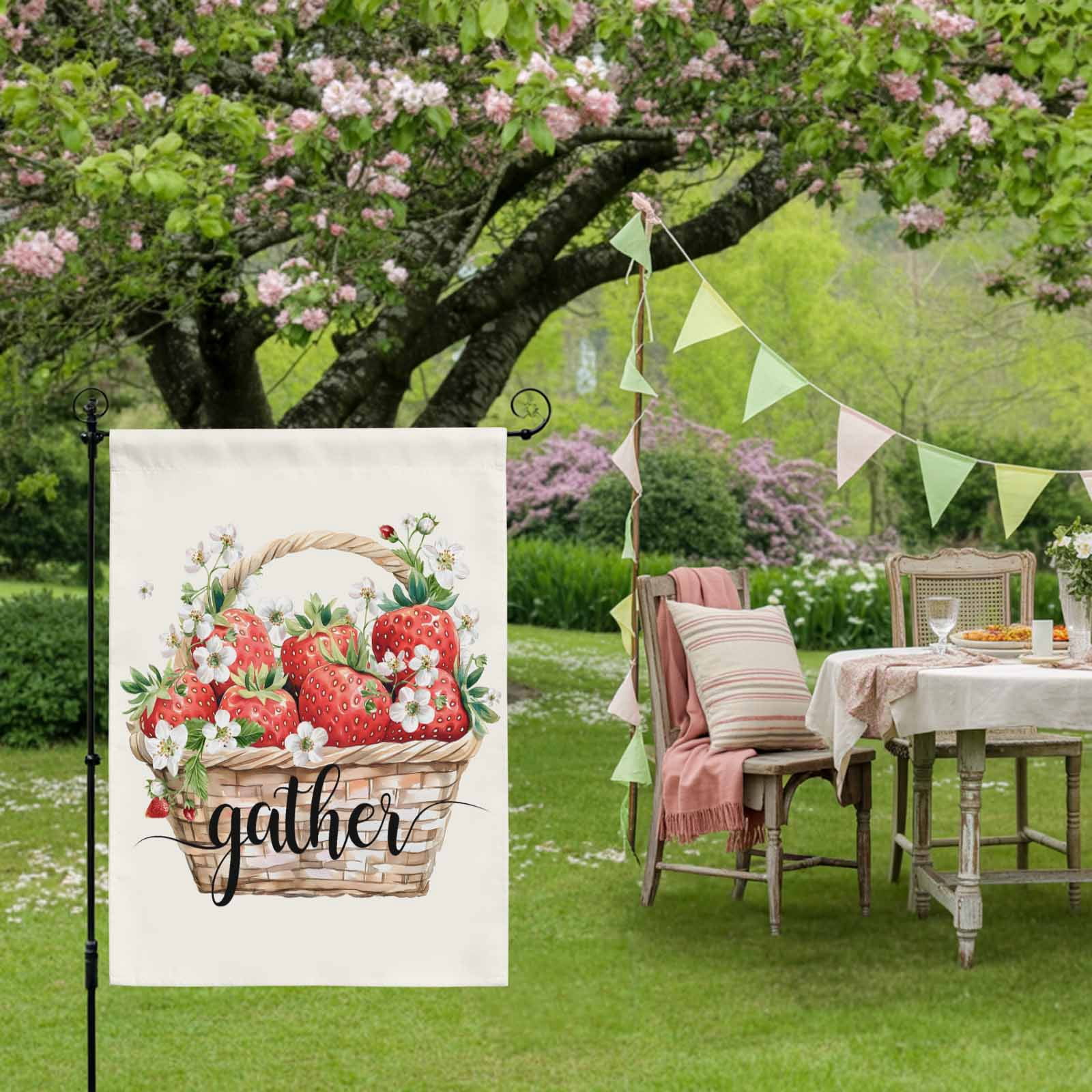 Summer Fruit House Flags For Outdoor, Watercolor Red Strawberry Floral Small Double Side Yard Flags Weather Proof House Decor for Lawn Outside Holiday 28 x 40 Inches