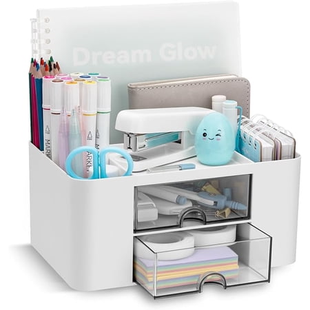 Desk Organizer with 2 Drawer, Multi-Functional Pencil Pen Holder for Desk, Desk Organizers and Storage with 5 Compartments, Desktop Organizer for Office Home Art Supplies (White)