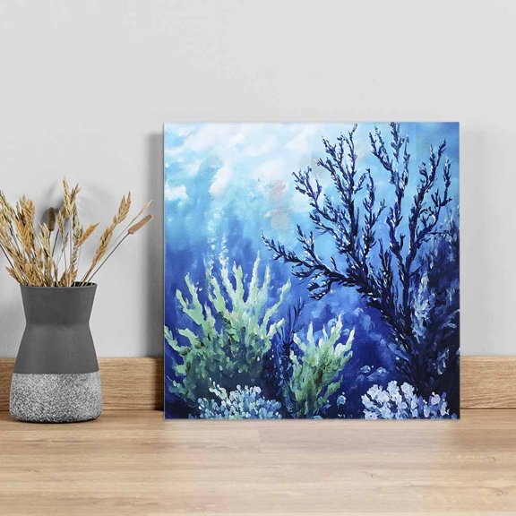 Blue Green Coral Wall Art Painting on Canvas, Summer Watercolor Ocean Plant Canvas Art Home Prints Wall Art Framed Modern Artwork for Living Room Bedroom Wall Decor 16x16in