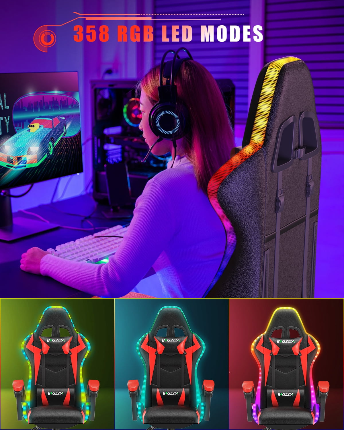 Bigzzia Gaming Chair with LED Lights, Computer Chair with Lumbar Support, Ergonomic High Back Video Game Chair with Swivel Seat and Headrest, Red
