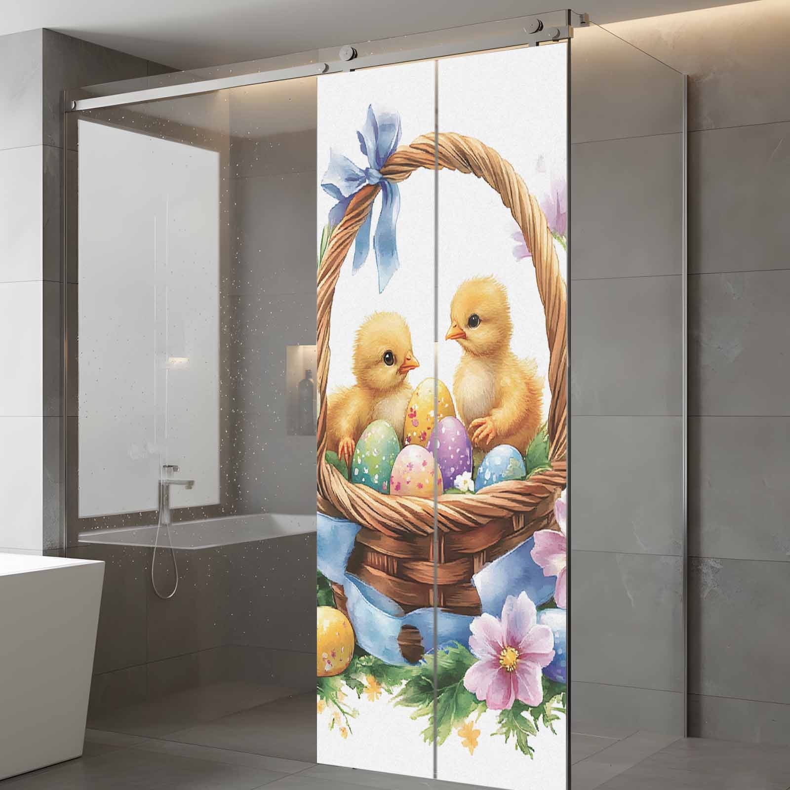 Easter Basket Chick Window Privacy Film, Watercolor Yellow Green Eggs Spring Purple Floral Leaf Frosted Glass Window Clings Static Cling UV Heat Blocking Reusable Sticker for Bedroom 23.6x59 Inch