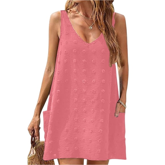 Womens Casual Sun Summer Dresses Swiss Polka Dot Beach Cover Up V Neck Tank Dress with Pockets, L