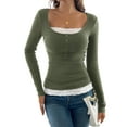 thumbnail image 2 of Lace Henley T-Shirts for Women Button Down Slim Fit Tops Long Sleeve V-Neck Tunic Top Blouse Green L, 2 of 9