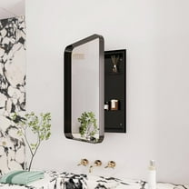 QMIT Medicine Cabinet Mirror for Bathroom, Recessed Metal Framed Vanity Mirror with Storage, Wall Mount Medicine Cabinet with Adjustable Shelves, 16x24 Inch (Black Rectangle)