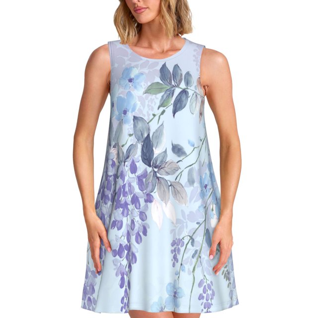 Fotbe Bird Butterfly Stripe Vestido de Verano sin Mangas para Mujer – Vestido Midi Línea A, Estilo Camiseta Floral, Vestido Playero Casual y Fluido