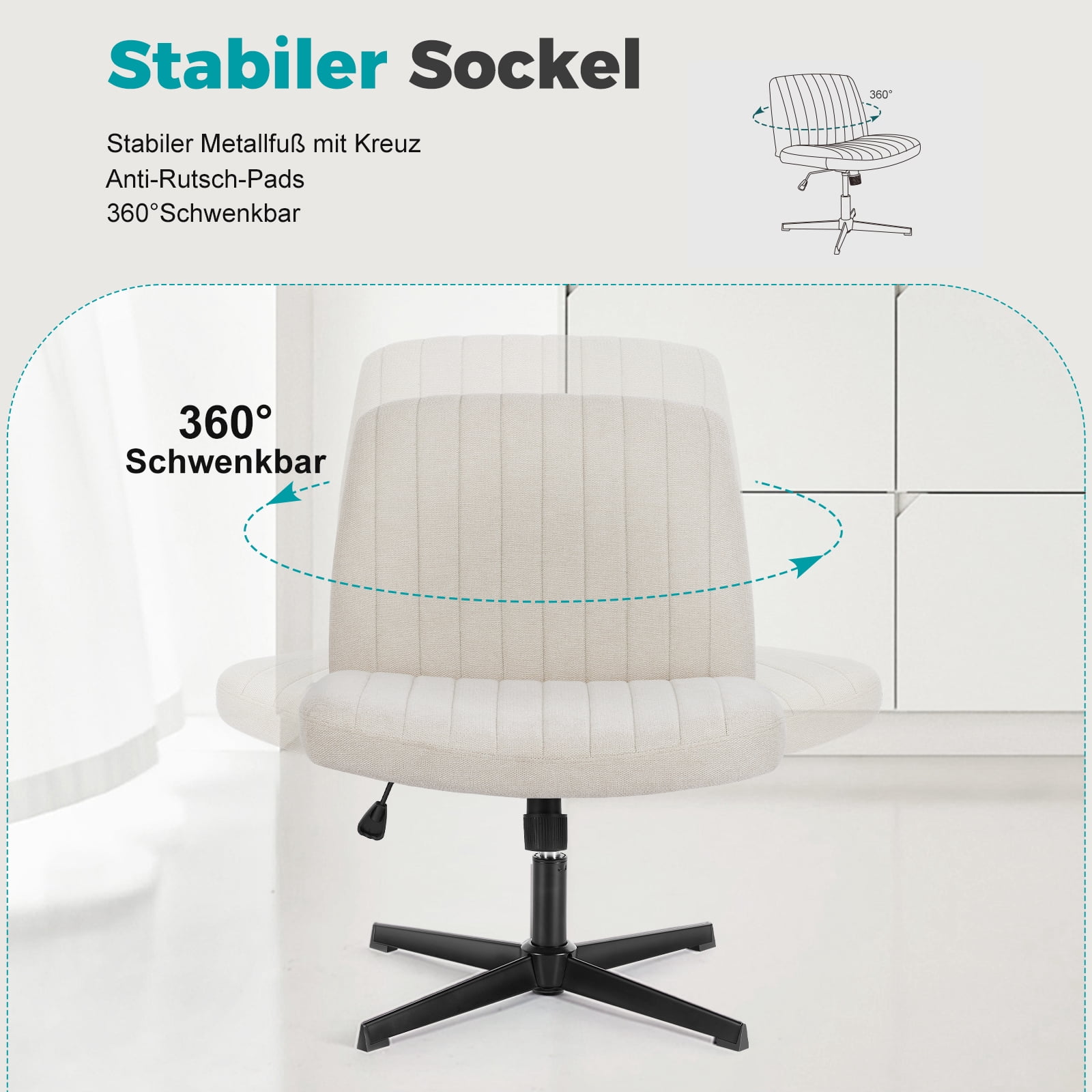 Armless Criss Cross Legged Office Chair, Desk Chair No Wheels, Fabric, Beige