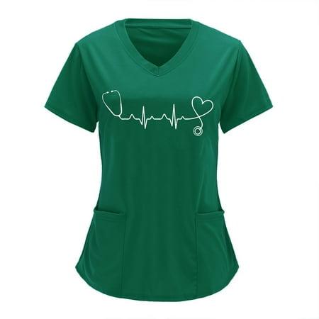 

TAIAOJING Women Scrubs Top V Neck Heart Print Short Sleeve Wrap Tops