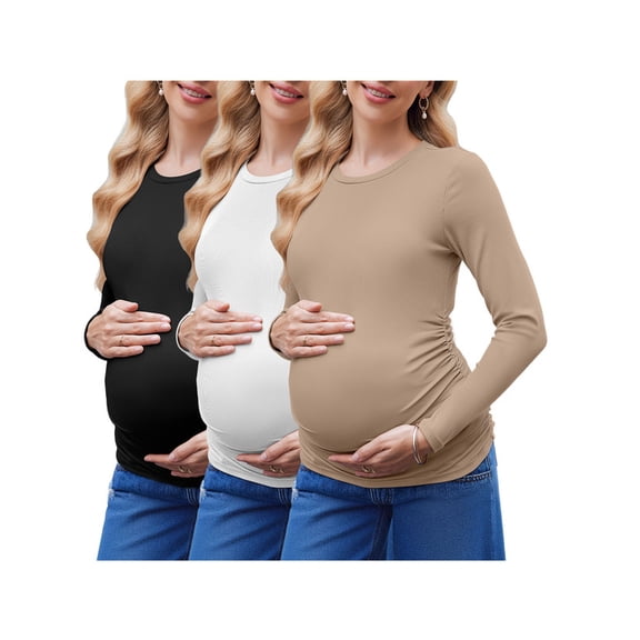 Weardear 3 Pack Maternity Shirts Ruched Side Long Sleeve Pregnancy Basic T-Shirt Casual Round Neck Pregnant Tops