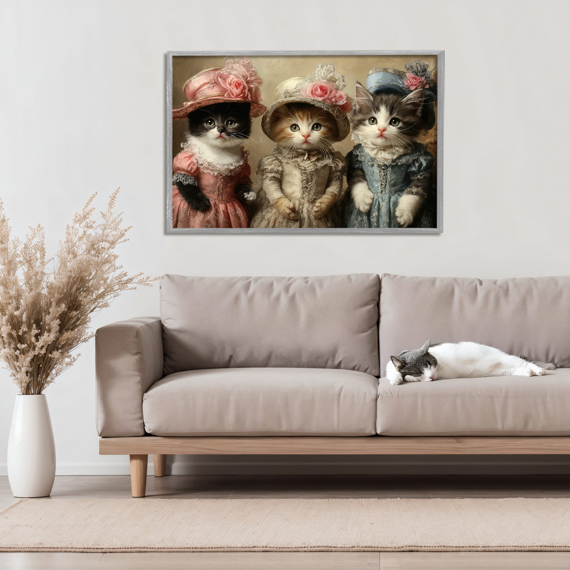 Stupell Industries Vintage Dress Cats Gray Framed Giclee Art, design by The Wands Want