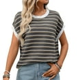 thumbnail image 2 of Uootdi Women's Striped Tee Crewneck Cable Knit Short Sleeve Sweater Casual Loose Fit Lightweight Blouses Dressy Casual Pullover Sweaters Top Gift, 2 of 7