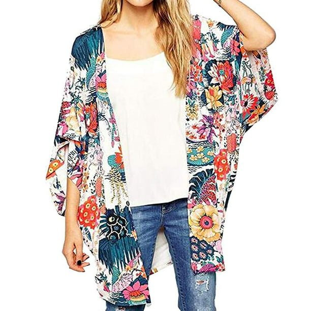 Vista - Women's Sheer Chiffon Blouse Loose Tops Kimono Floral Print ...