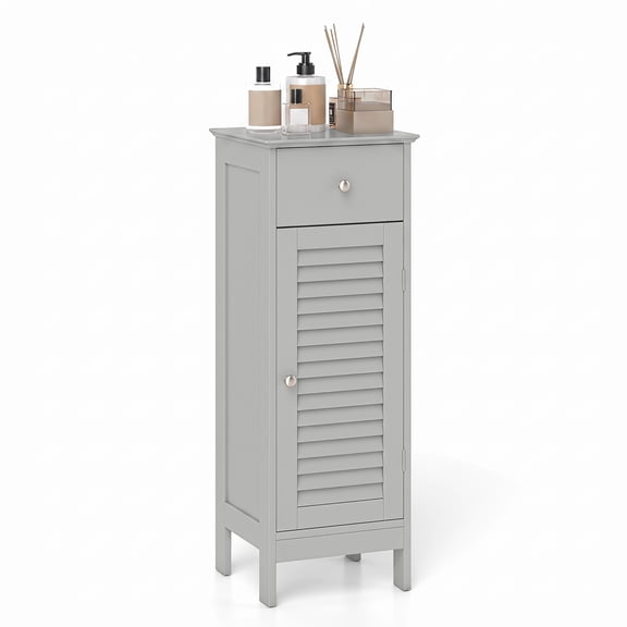Gymax Bathroom Floor Storage Cabinet Side Wood Organizer w/ Drawer Shutter Door Gray